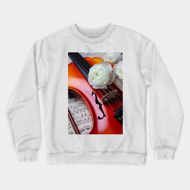 White  Ranunculus On Baroque Violin Crewneck Sweatshirt by photogarry